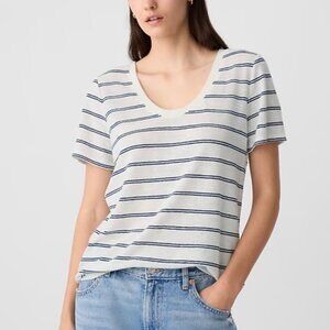 GAP Relaxed White/Navy Stripe Linen-Blend Scoopneck T-Shirt/NWT/